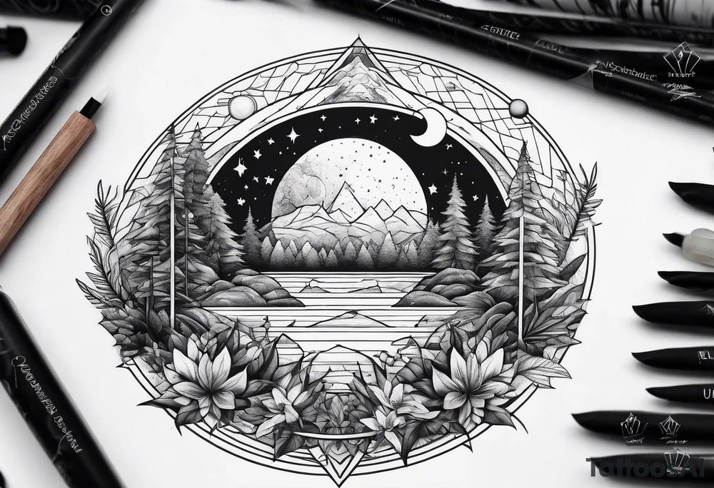 thick line art of space and nature in triangle shape tattoo idea