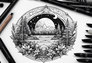 thick line art of space and nature in triangle shape tattoo idea