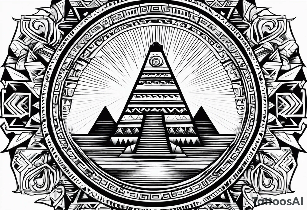 aztec sun background with pyramid in front with two aztec warrios on the left and right side of pyramid tattoo idea