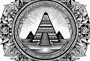 aztec sun background with pyramid in front with two aztec warrios on the left and right side of pyramid tattoo idea