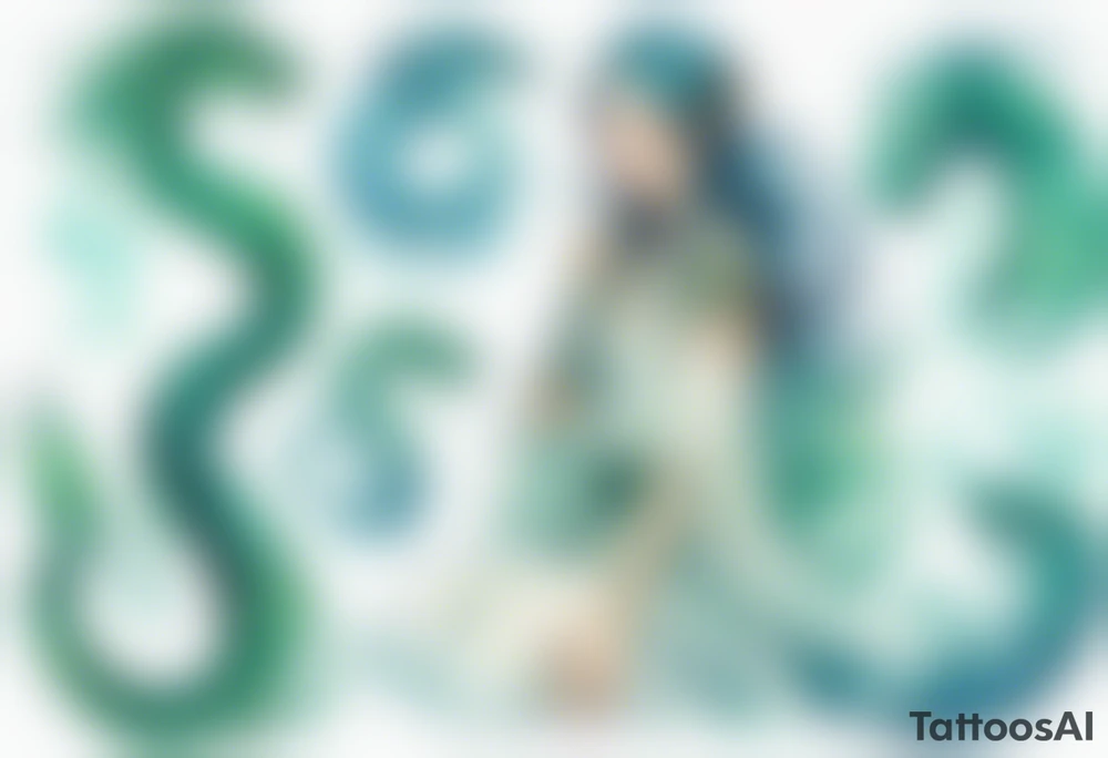 a blue-green naiad in a white tunic next to a sea serpent tattoo idea