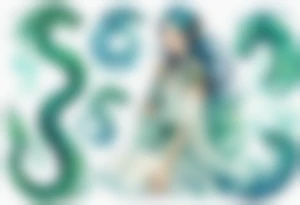 a blue-green naiad in a white tunic next to a sea serpent tattoo idea