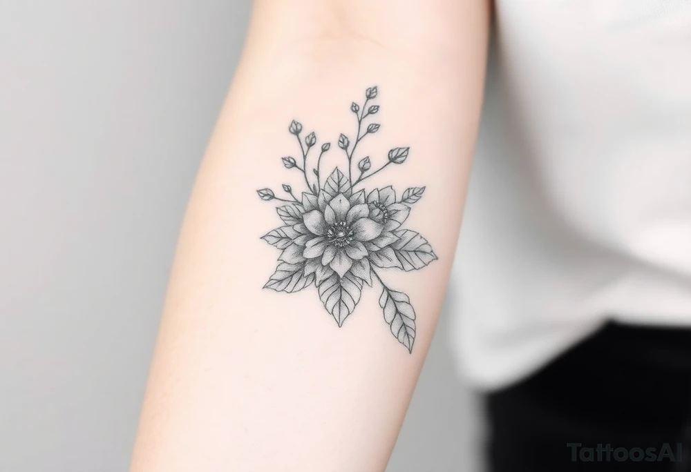 floral composition with japanese vibe, mutiple ornemental patern and leaf tattoo idea