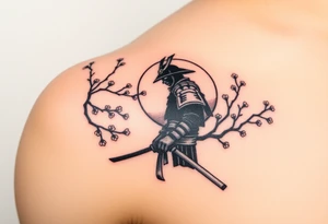 noble samurai warrior silhouette at sunset with cherry blossoms tattoo idea