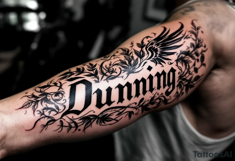 Dunning,on left arm details include angel wing, greek type of font,jungle leaves , tiger claw scratch tattoo idea