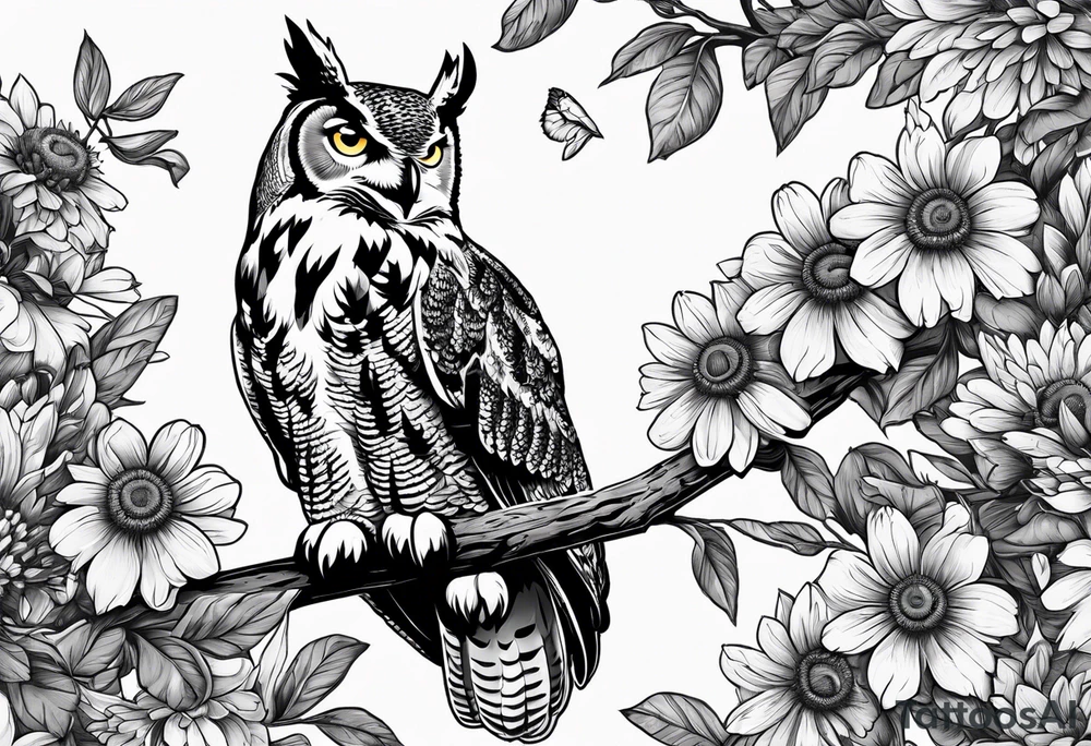 Great horned owl on a branch with coneflowers surrounding tattoo idea