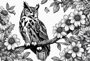 Great horned owl on a branch with coneflowers surrounding tattoo idea