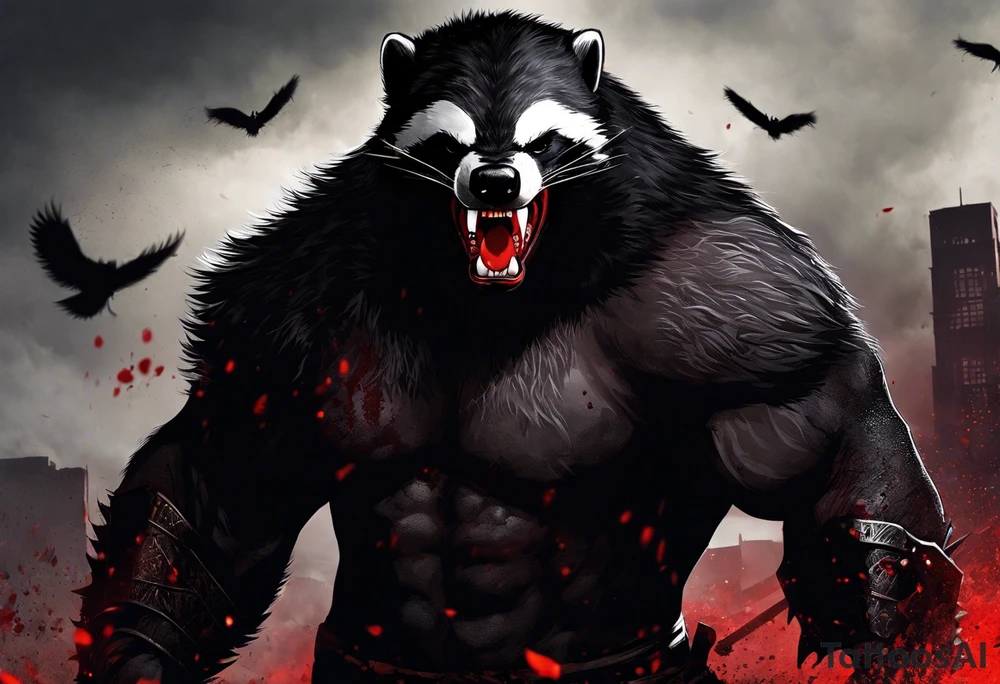 Draw me psychopath Fearless Honey Badger/Berserker with aggressive full body, killer face with a scary smile, very long nails and he attacks like a Bloody Assassin/Warrior/Gladiator to us and also, he has very deadly looking. He fights with his nails only. Everybody scares after their first sight. Give me horror type Badger Tattoo. I want to see his Realistic full body with no weapons. You can show destruction at the back. tattoo idea