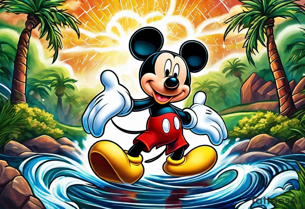mickey mouse in a lightning storm with palm trees and the celtic symbol for family tattoo idea