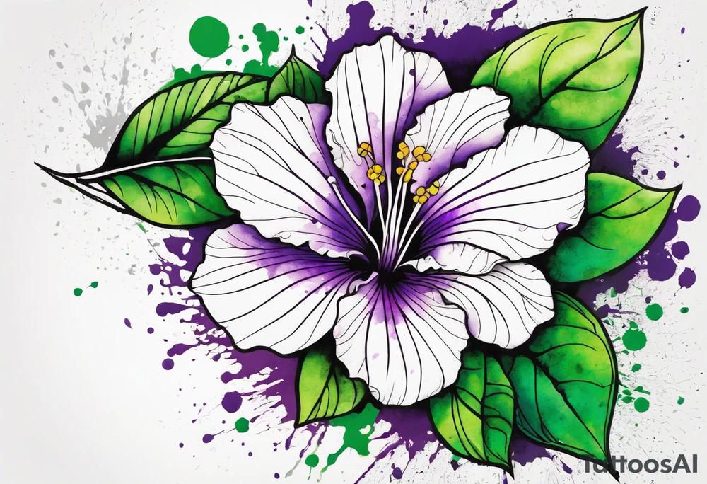 An outline of a rio dipladenia flower with a green and purple watercolor blotch splatter in the background tattoo idea
