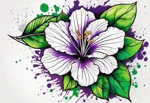 An outline of a rio dipladenia flower with a green and purple watercolor blotch splatter in the background tattoo idea