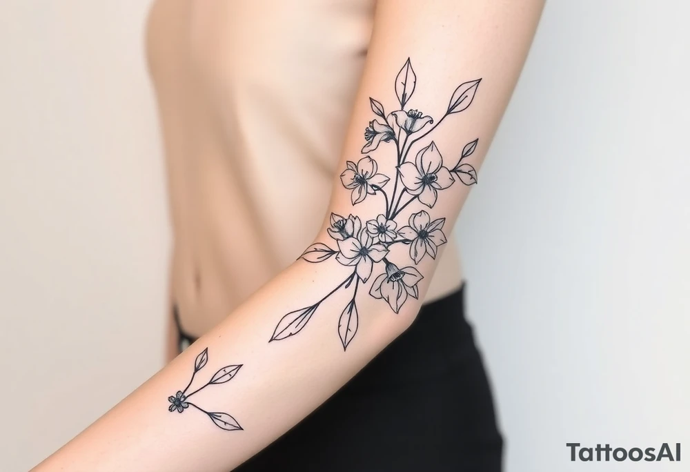 starting from a band mid forearm, sleeve of a combination of holly and daffodils tattoo idea
