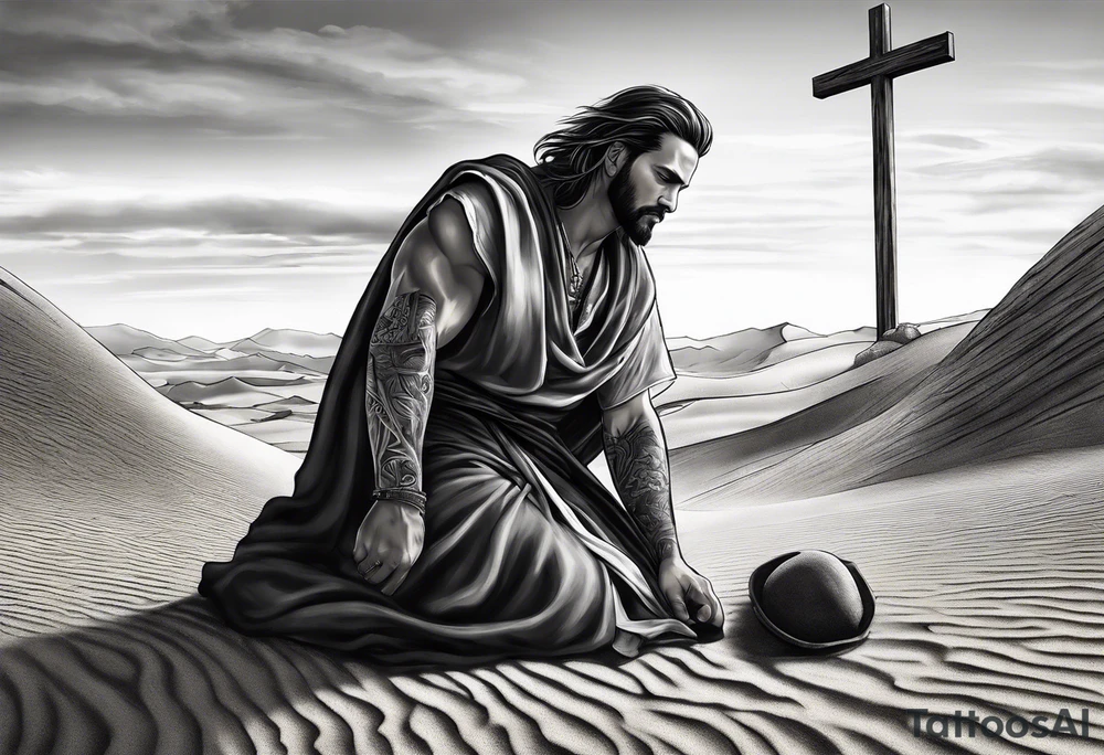man crawling in a desert toward the cross of Christ tattoo idea