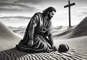 man crawling in a desert toward the cross of Christ tattoo idea