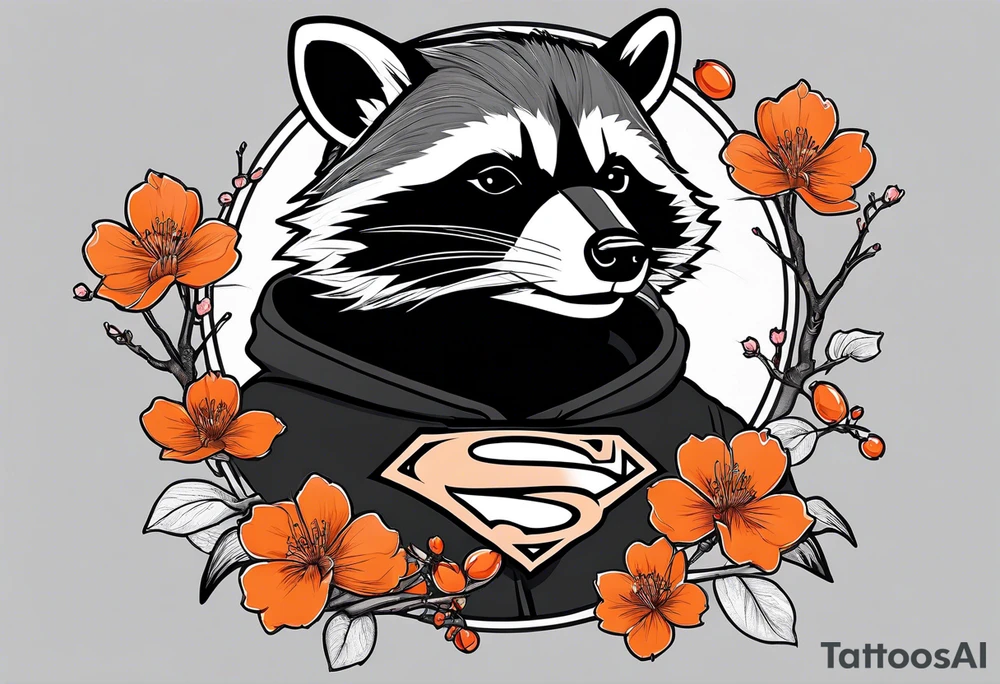 Raccoon wearing a white Superman logo on a black hoodie and orange Japanese cherry blossoms tattoo idea