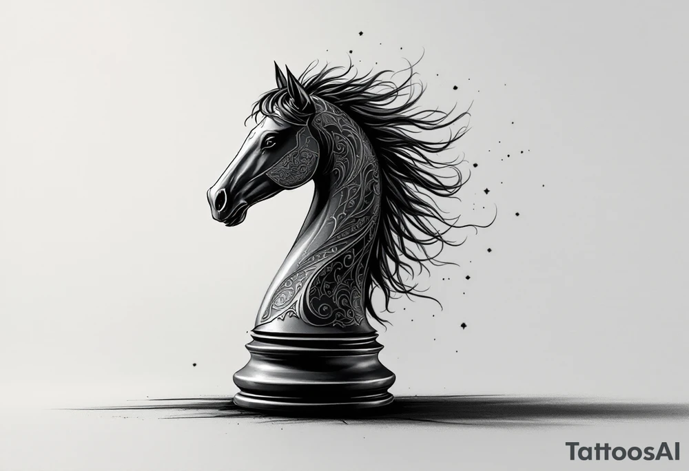 a knight of chess piece. it doesn't have legs, it's a chess piece. 
The knight piece is depicted in motion, slightly tilted forward as if it's charging or coming out of the shadows. The knight’s face is detailed but with a focus on the horse's strong features: its mane flowing in the wind, and the body etched with intricate details to represent strength and agility. The knight is emerging from a shadow, with the front part of the body illuminated in soft, warm light. The shadowed portions near the back and tail create a mystical aura. tattoo idea