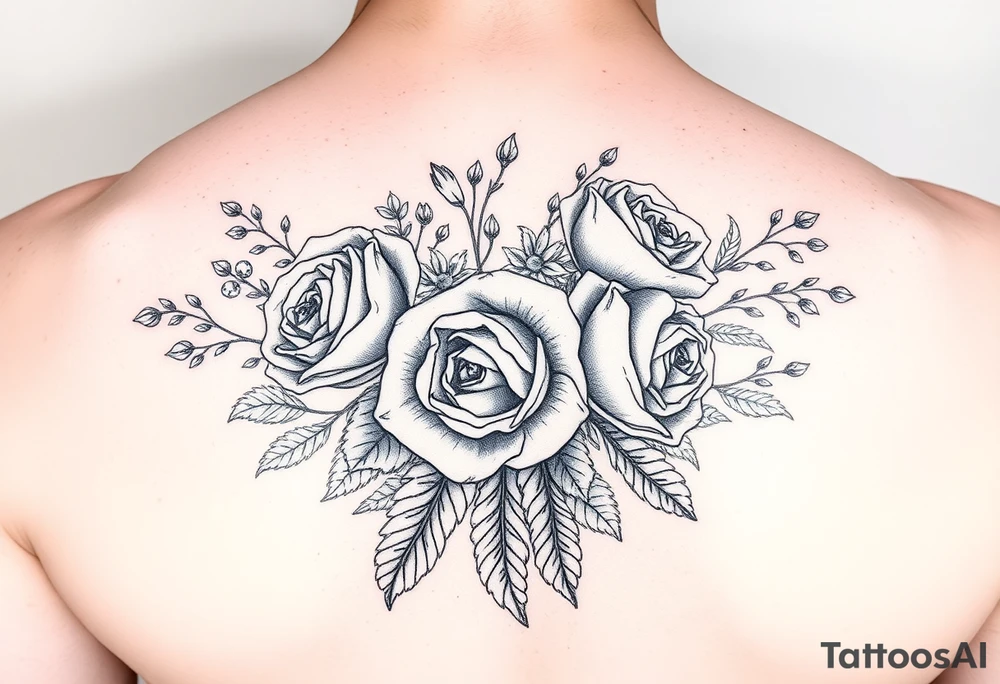 vintage bouquet of wild roses and meadow flowers with morning dew tattoo idea