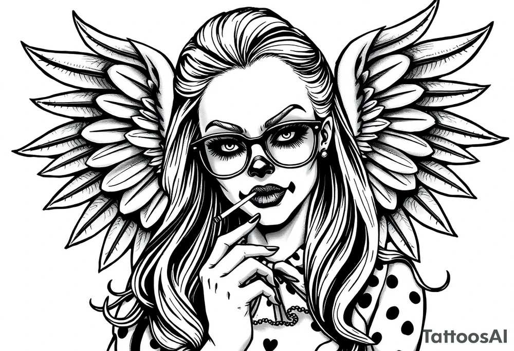 beautiful long hair pin up Clown Girl thug eyeglasses angelic wings smoking a cigarette tattoo idea