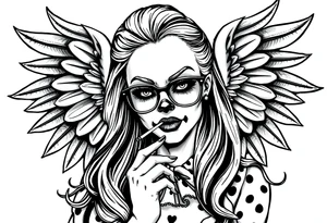 beautiful long hair pin up Clown Girl thug eyeglasses  angelic wings smoking a cigarette tattoo idea