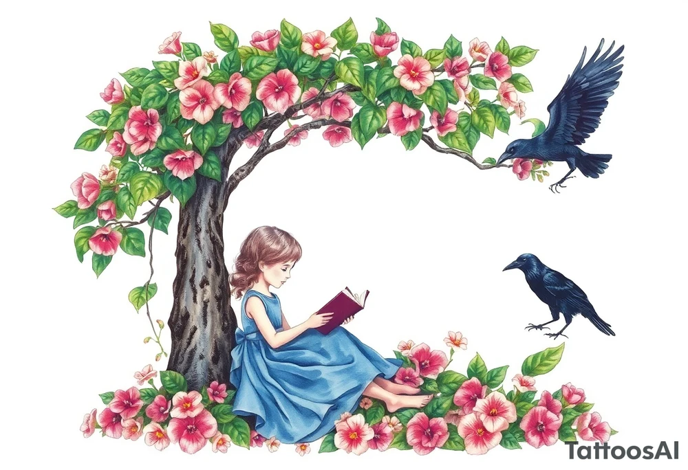 A tree of Impatiens walleriana, a little girl wearing a blue dress sitting under it while reading. A raven watching her. Flowers around.


. tattoo idea