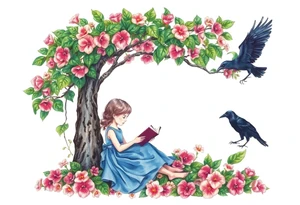 A tree of Impatiens walleriana, a little girl wearing a blue dress sitting under it while reading. A raven watching her. Flowers around.


. tattoo idea