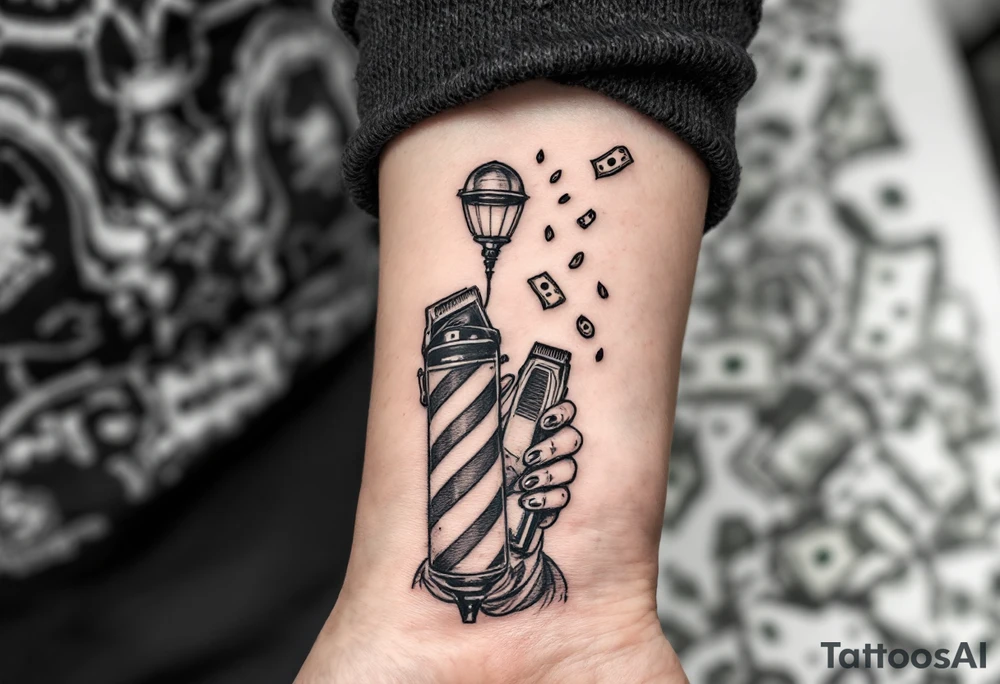 Barber pole and clipper with raining money tattoo idea