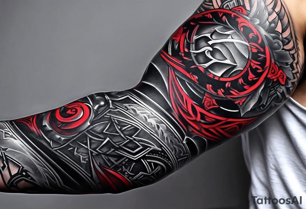 Full Arm sleeve, black, gray, silver, red, subtle motorcycle chain, include references to wrestling tattoo idea