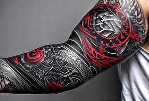 Full Arm sleeve, black, gray, silver, red, subtle motorcycle chain, include references to wrestling tattoo idea