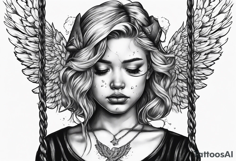 crying broken angel on swing tattoo idea