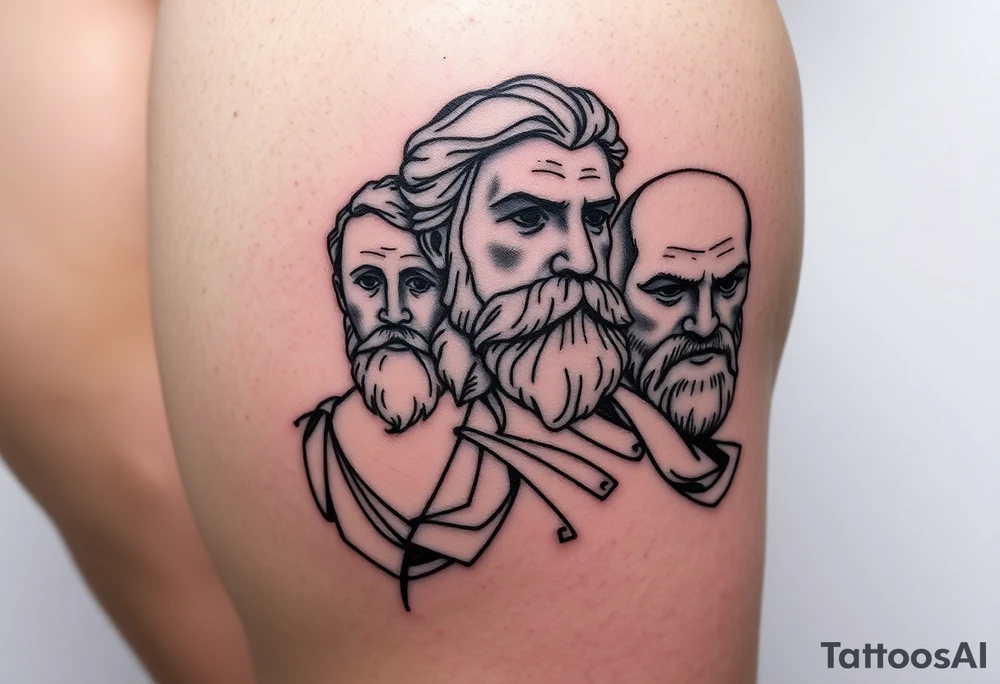 Platos, aristole, and socrates on the right side of the calf tattoo idea