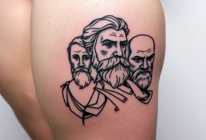 Platos, aristole, and socrates on the right side of the calf tattoo idea