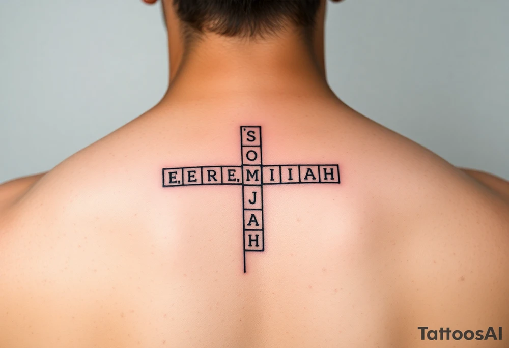 crossword style tattoo with the names 
Sophia, Elijah, Jeremiah, Isaiah, Josiah tattoo idea