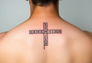 crossword style tattoo with the names 
Sophia, Elijah, Jeremiah, Isaiah, Josiah tattoo idea