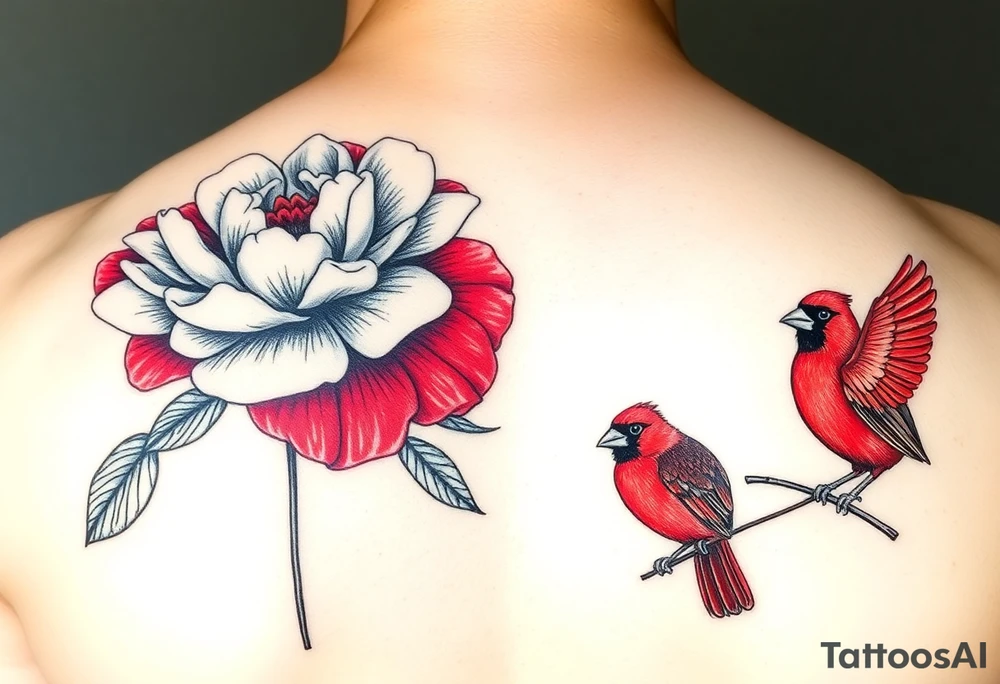 peony flowers with bold coloring highlighting reds and whites; and a feminine but boldly colored male and female cardinal birds tattoo idea