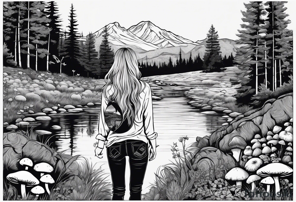 Whole picture encircled fully

Straight long blonde hair hippie girl in distance holding mushrooms in hand facing away toward mountains and creek surrounded by mushrooms long sleeve shirt and hiking pants; whole rendering within a full circle, no cut off circle tattoo idea