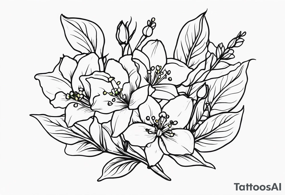 A tattoo that incorporates Mays birth Flowers (lily of the valley and Hawthorne) junes birth flowers (rose and honeysuckle), and honeybees tattoo idea