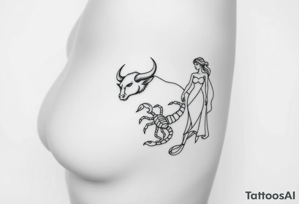 Minimalist fine-line tattoo design of a powerful bull, a stylized scorpion, and a maiden figure, integrated into a delicate composition. The design is specifically for the left ribcage, positioned just beneath the curve of the breast on the woman's left side, following the line of the ribs. The fine lines should subtly curve to fit the natural contours, flowing gracefully below the bra line towards the heart. Black ink only, clean, intricate details, white background (representing skin), no shading, high resolution, professional tattoo composition for this specific anatomical are tattoo idea