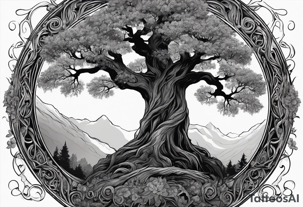 Circular lord of the rings style writing around an ancient twisted tree with flowers in the canopy tattoo idea