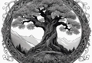 Circular lord of the rings style writing around an ancient twisted tree with flowers in the canopy tattoo idea