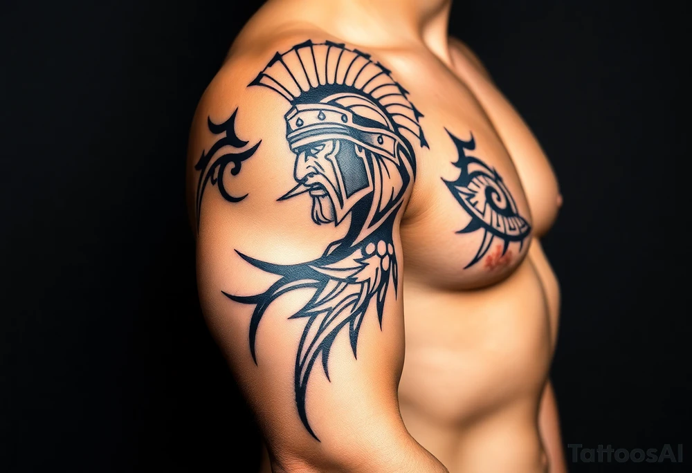 Roman Gladiator on the shoulder with tribal markers down the arm tattoo idea
