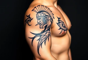 Roman Gladiator on the shoulder with tribal markers down the arm tattoo idea