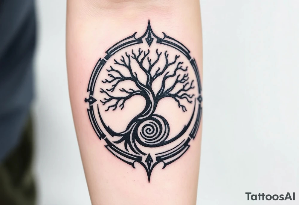 Tree encircled in a spiral circle coming from the center of the tree tattoo idea
