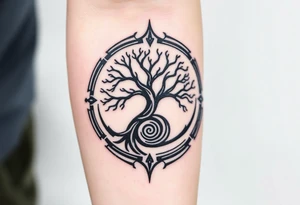 Tree encircled in a spiral circle coming from the center of the tree tattoo idea