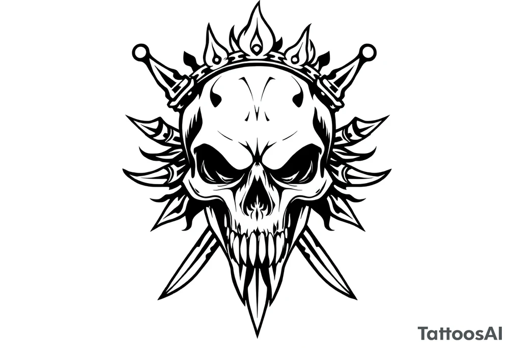 ornate skull adorned with crown of daggers and fire tattoo idea