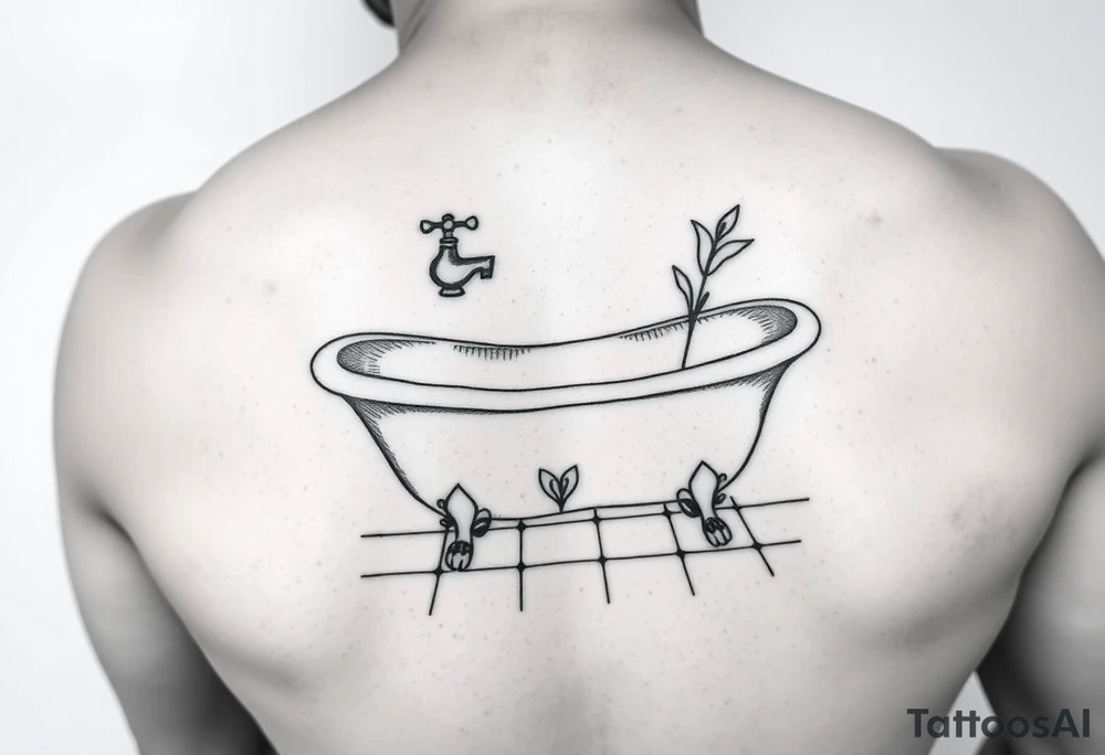 clawfoot bathtub with simple faucet and lily coming up out of the tile floor tattoo idea
