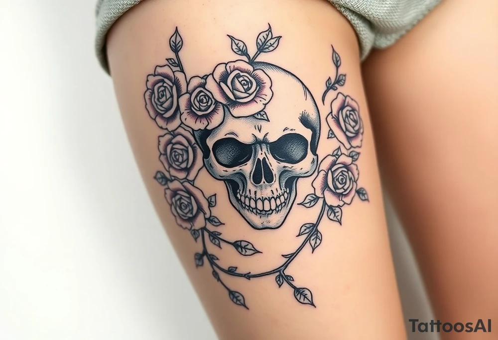 gothic skull intertwined with climbing roses and thorny vines tattoo idea