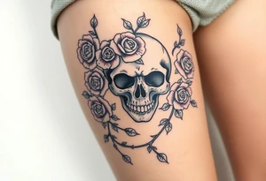 gothic skull intertwined with climbing roses and thorny vines tattoo idea