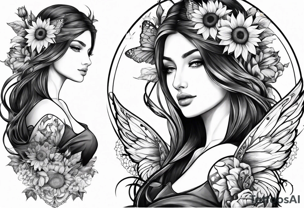 Sleeve with angel wings, sunflower and butterfly tattoo idea