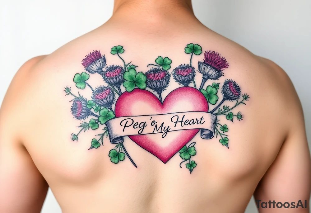 Bunch of Green shamrocks & purple thistles with a big pink heart and a banner across the heart that says " Peg 'o My Heart" tattoo idea