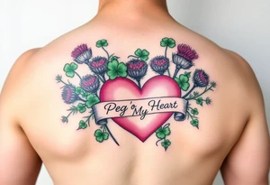 Bunch of Green shamrocks & purple thistles with a big pink heart and a banner across the heart that says " Peg 'o My Heart" tattoo idea